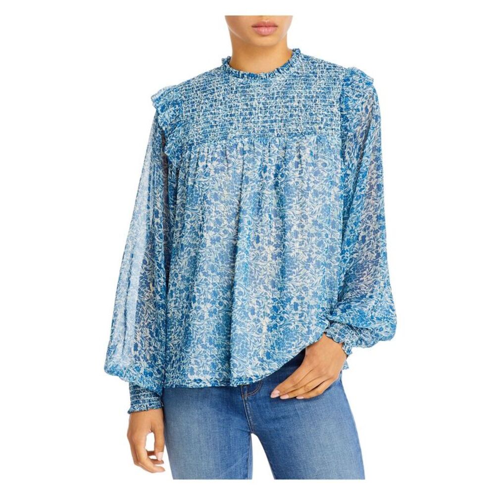 AQUA Womens Blue Zippered Smocked Lined Long Sleeve Crew Neck Wear To Work Top S